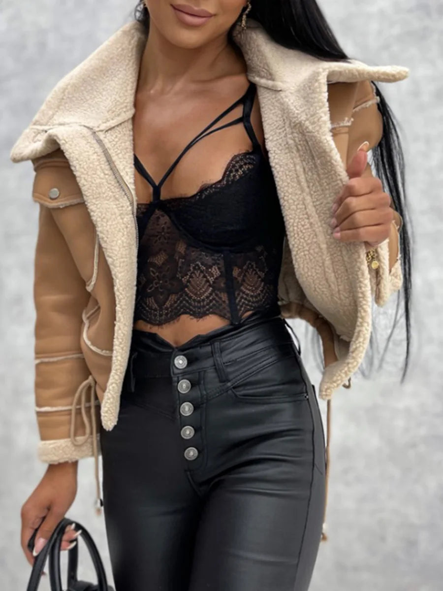 Women Faux Leather Biker Jacket with Faux Fur Collar