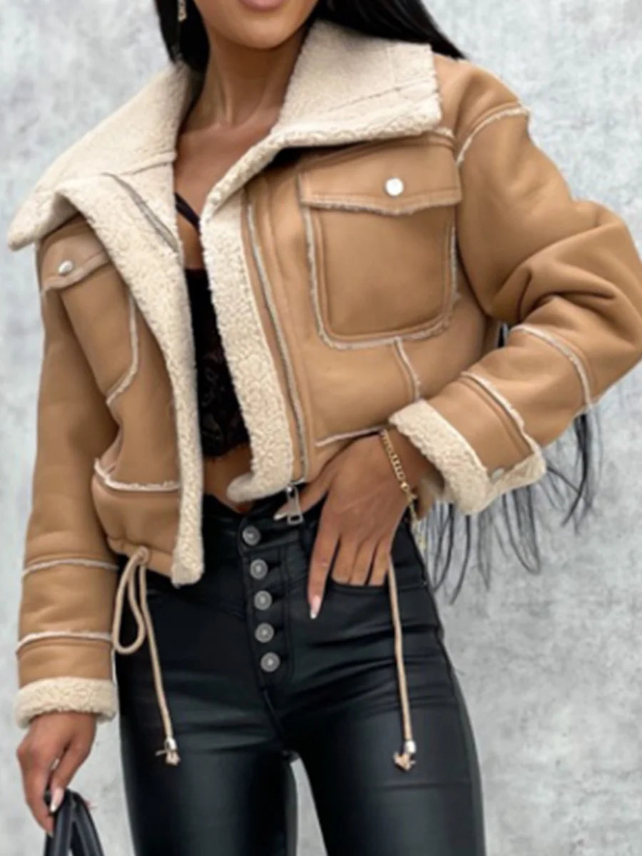 Women Faux Leather Biker Jacket with Faux Fur Collar