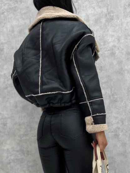 Women Faux Leather Biker Jacket with Faux Fur Collar