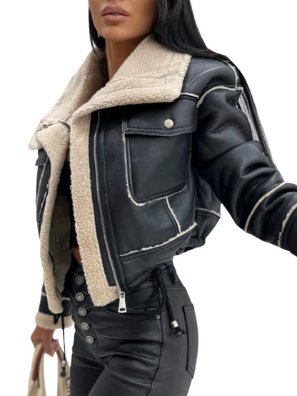 Women Faux Leather Biker Jacket with Faux Fur Collar