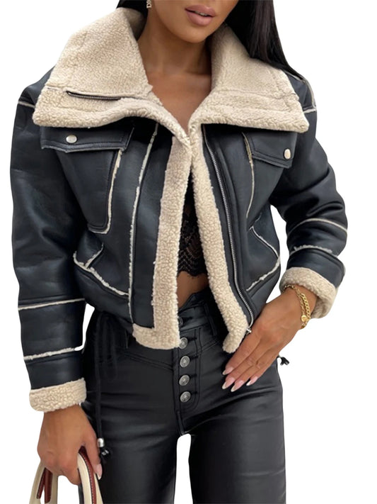 Women Faux Leather Biker Jacket with Faux Fur Collar