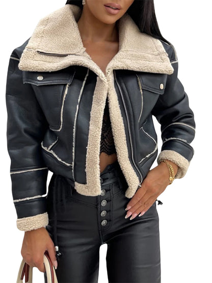 Women Faux Leather Biker Jacket with Faux Fur Collar